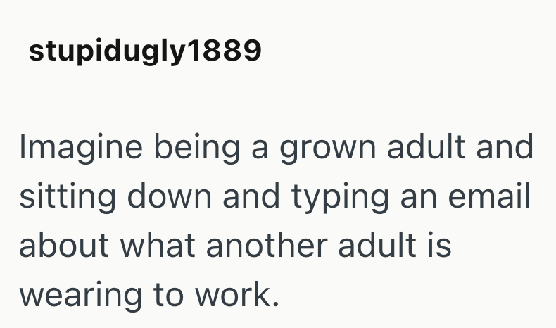 stupidugly1889 Imagine being a grown adult and sitting down and typing an email about what another adult is wearing to work.