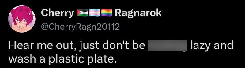Cherry Ragnarok @CherryRagn20112 Hear me out, just don't be wash a plastic plate. lazy and
