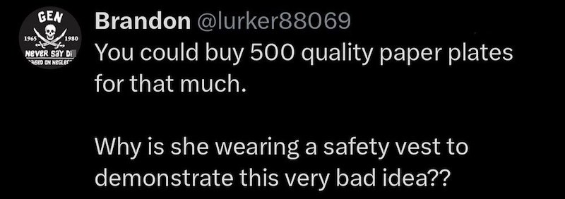 1965 GEN 1980 Never Say Di SED ON NEGLEC Brandon @lurker88069 You could buy 500 quality paper plates for that much. Why is she wearing a safety vest to demonstrate this very bad idea??