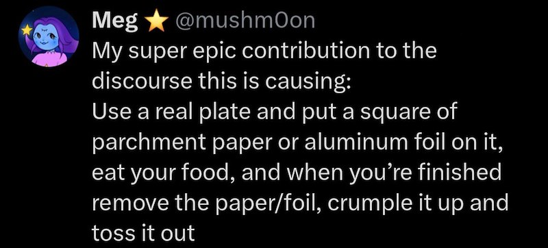 Meg @mushmoon My super epic contribution to the discourse this is causing: Use a real plate and put a square of parchment paper or aluminum foil on it, eat your food, and when you're finished remove the paper/foil, crumple it up and toss it out