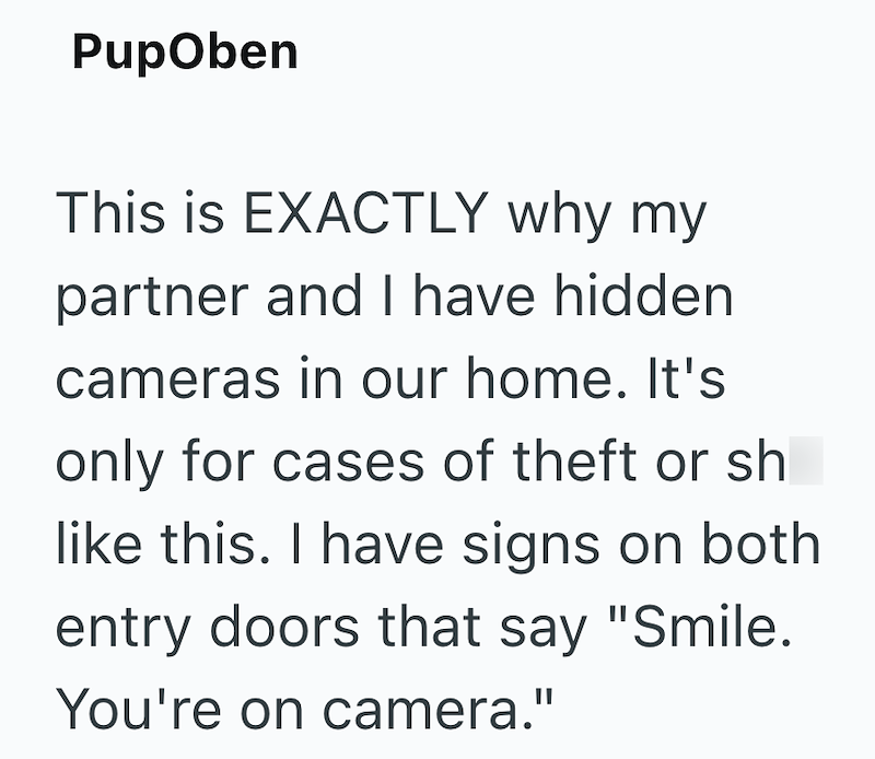 PupOben This is EXACTLY why my partner and I have hidden cameras in our home. It's only for cases of theft or sh like this. I have signs on both entry doors that say "Smile. You're on camera."