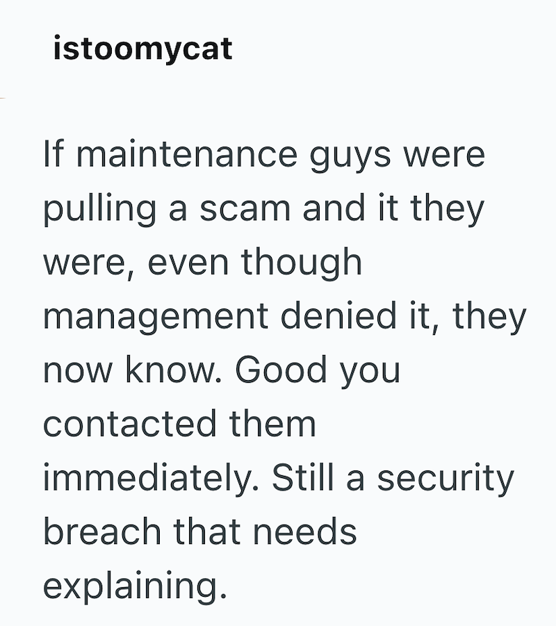 istoomycat If maintenance guys were pulling a scam and it they were, even though management denied it, they now know. Good you contacted them immediately. Still a security breach that needs explaining.