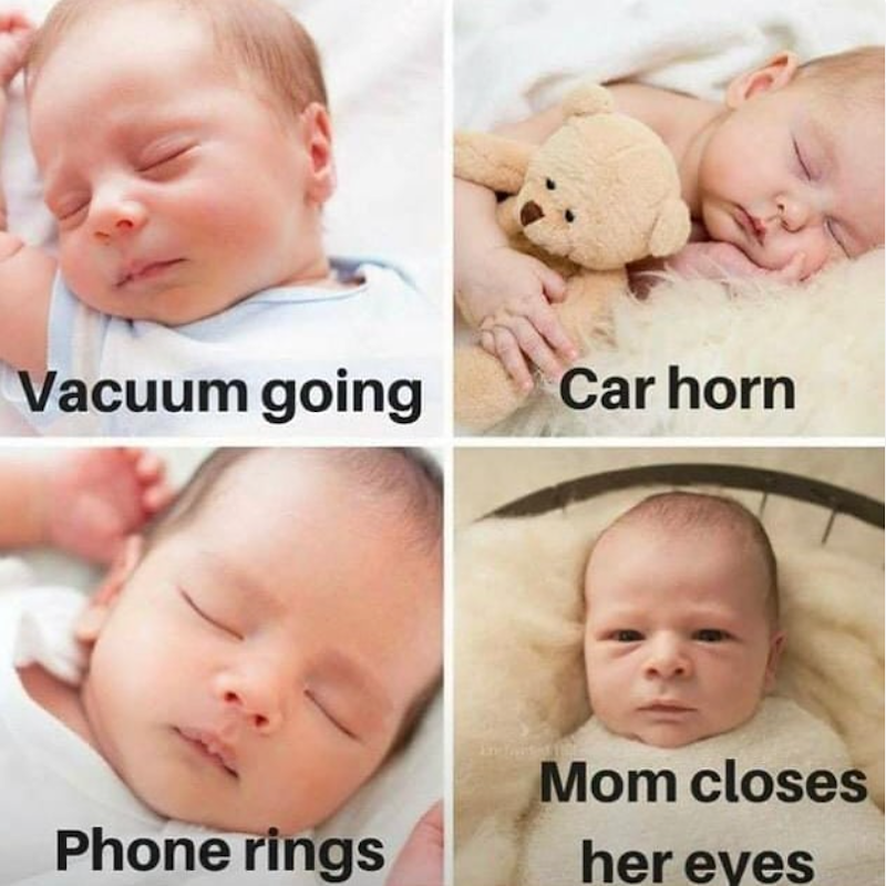Vacuum going Car horn Mom closes Phone rings her eyes