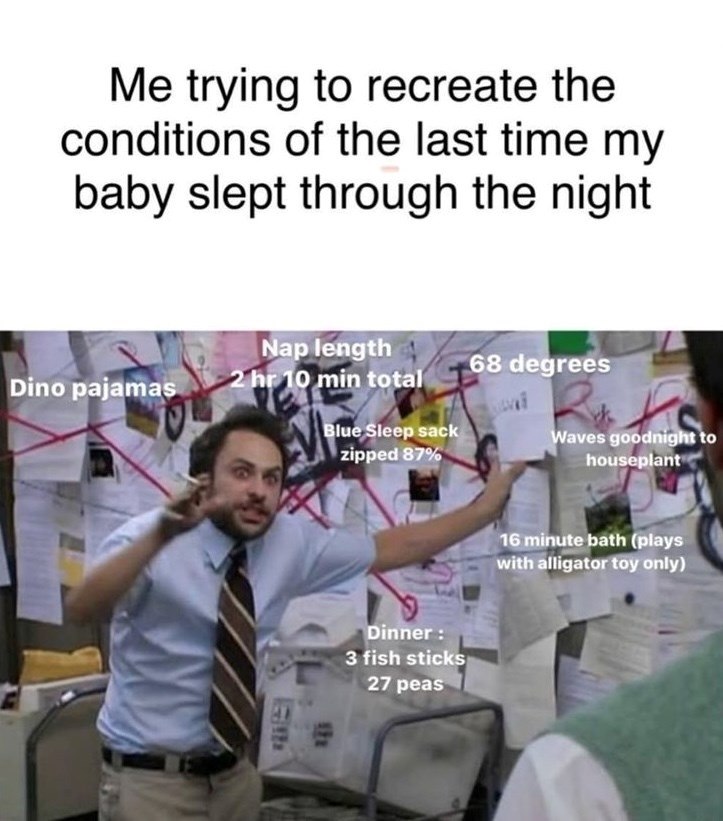 Me trying to recreate the conditions of the last time my baby slept through the night Nap length 68 degrees Dino pajamas 2 hr 10 min total Blue Sleep sack zipped 87% Waves goodnight to houseplant 16 minute bath (plays with alligator toy only) Dinner: 3 fish sticks 27 peas 171 Gl