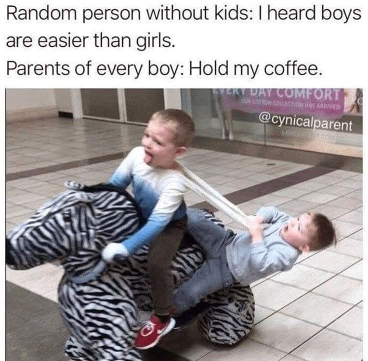 Random person without kids: I heard boys are easier than girls. Parents of every boy: Hold my coffee. EVERY DAY COMFORT OUR COTTON COLLECTION WAS ARRIVED @cynicalparent