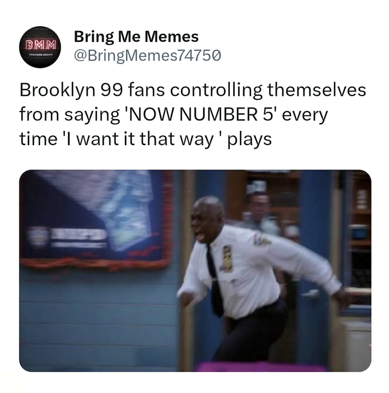 BMM Bring Me Memes @BringMemes74750 Brooklyn 99 fans controlling themselves. from saying 'NOW NUMBER 5' every time 'I want it that way' plays