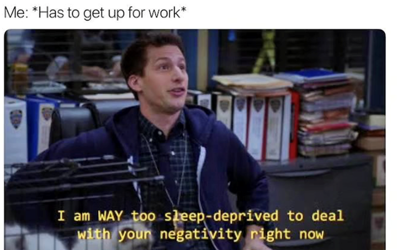Me: *Has to get up for work* I am WAY too sleep-deprived to deal with your negativity right now