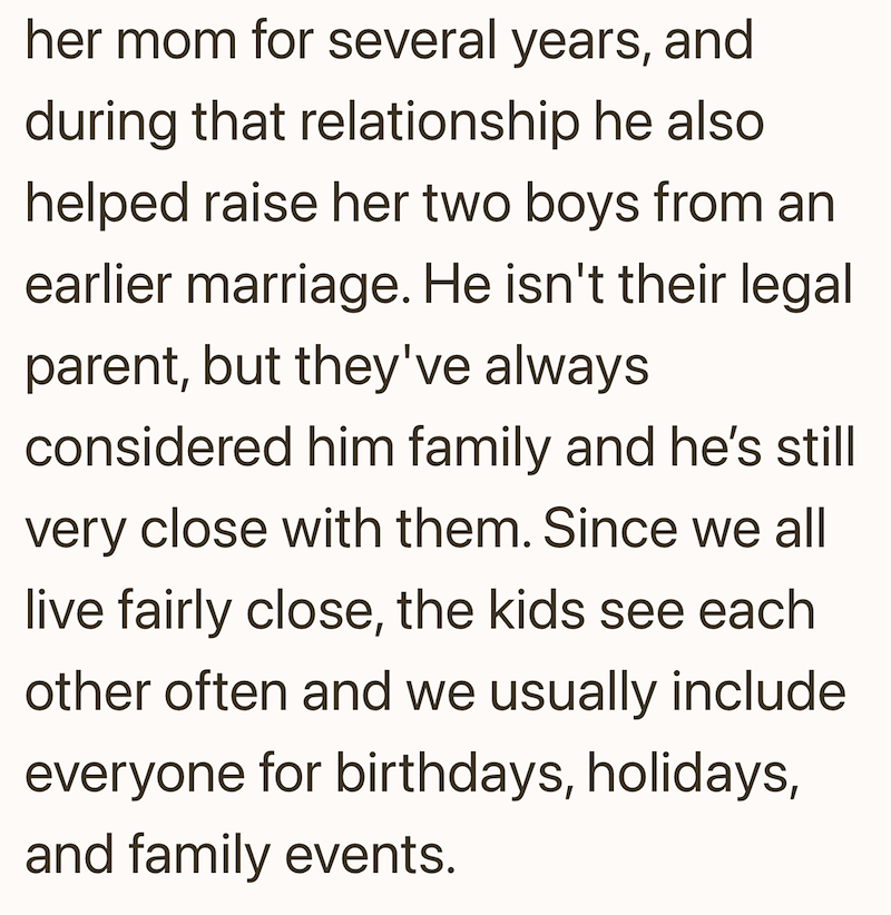her mom for several years, and during that relationship he also helped raise her two boys from an earlier marriage. He isn't their legal parent, but they've always considered him family and he's still very close with them. Since we all live fairly close, the kids see each other often and we usually include everyone for birthdays, holidays, and family events.
