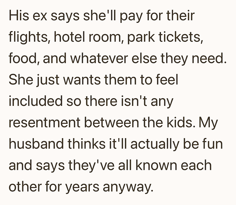 His ex says she'll pay for their flights, hotel room, park tickets, food, and whatever else they need. She just wants them to feel included so there isn't any resentment between the kids. My husband thinks it'll actually be fun and says they've all known each other for years anyway.