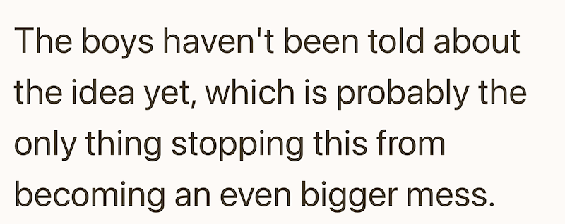 The boys haven't been told about the idea yet, which is probably the only thing stopping this from becoming an even bigger mess.