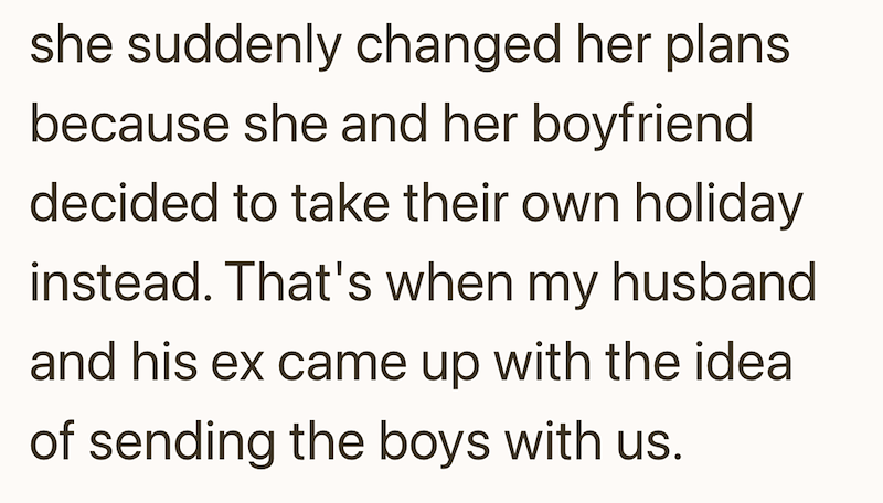 she suddenly changed her plans because she and her boyfriend decided to take their own holiday instead. That's when my husband and his ex came up with the idea of sending the boys with us.