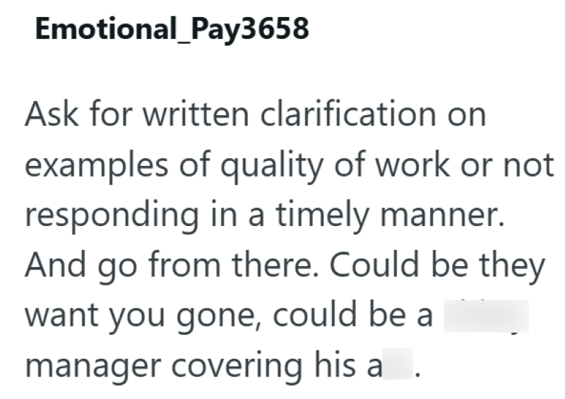 Emotional_Pay3658 Ask for written clarification on examples of quality of work or not responding in a timely manner. And go from there. Could be they want you gone, could be a manager covering his a
