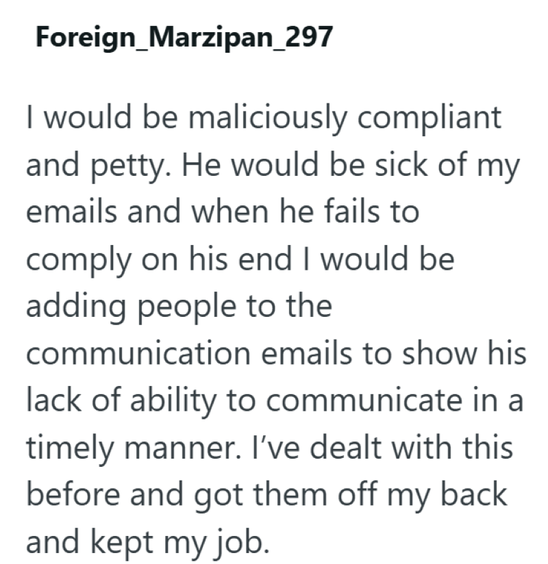 Foreign_Marzipan_297 I would be maliciously compliant and petty. He would be sick of my emails and when he fails to comply on his end I would be adding people to the communication emails to show his lack of ability to communicate in a timely manner. I've dealt with this before and got them off my back and kept my job.
