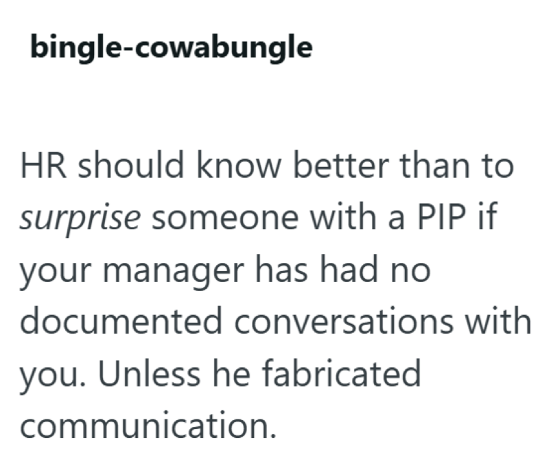 bingle-cowabungle HR should know better than to surprise someone with a PIP if your manager has had no documented conversations with you. Unless he fabricated communication.