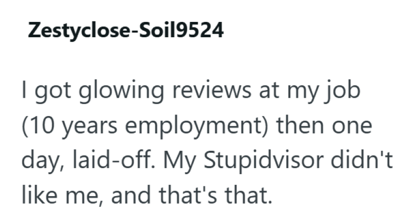 Zestyclose-Soil9524 I got glowing reviews at my job (10 years employment) then one day, laid-off. My Stupidvisor didn't like me, and that's that.