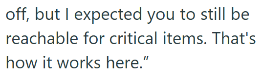 off, but I expected you to still be reachable for critical items. That's how it works here."