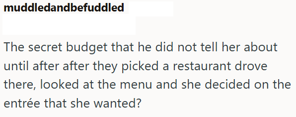 muddledandbefuddled The secret budget that he did not tell her about until after after they picked a restaurant drove there, looked at the menu and she decided on the entrée that she wanted?