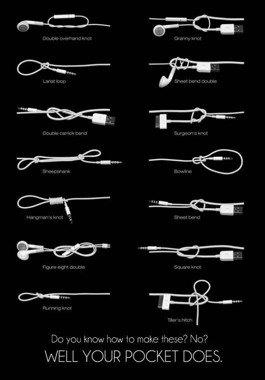 Double overhand knot Lariat loop Granny knot Sheet bend double Double carrick bend Surgeon's knot Sheepshank Bowline Hangman's knot Sheet bend Figure eight double Square knot Running knot Tiller's hitch Do you know how to make these? No? WELL YOUR POCKET DOES.