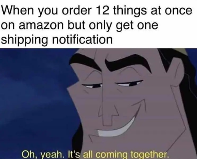 When you order 12 things at once on amazon but only get one shipping notification Oh, yeah. It's all coming together.