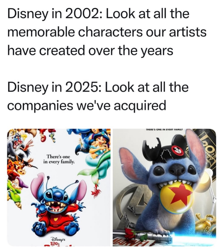 Disney in 2002: Look at all the memorable characters our artists have created over the years Disney in 2025: Look at all the companies we've acquired There's one in every family. Disney's THERE'S ONE IN EVERY FAMILY 1.0