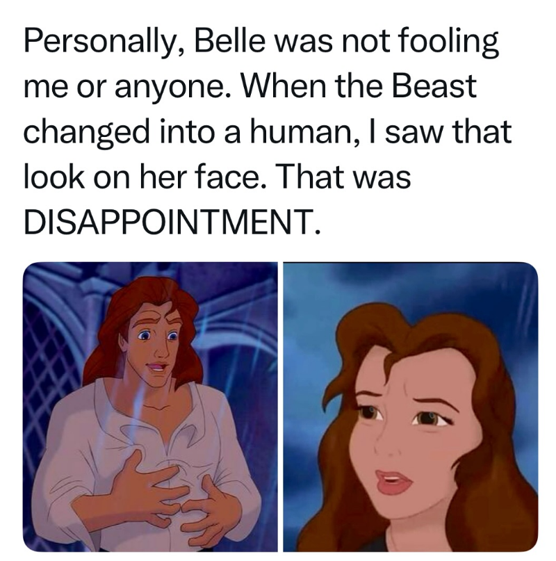 Personally, Belle was not fooling me or anyone. When the Beast changed into a human, I saw that look on her face. That was DISAPPOINTMENT.