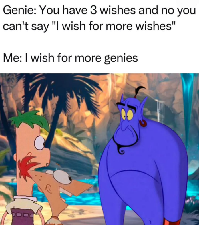 Genie: You have 3 wishes and no you can't say "I wish for more wishes" Me: I wish for more genies
