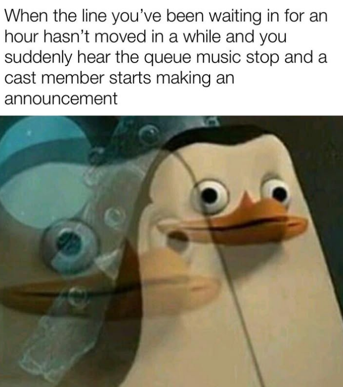 When the line you've been waiting in for an hour hasn't moved in a while and you suddenly hear the queue music stop and a cast member starts making an announcement