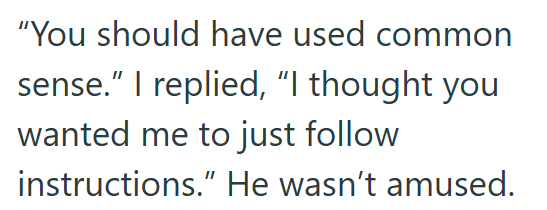 "You should have used common sense." I replied, “I thought you wanted me to just follow instructions." He wasn't amused.