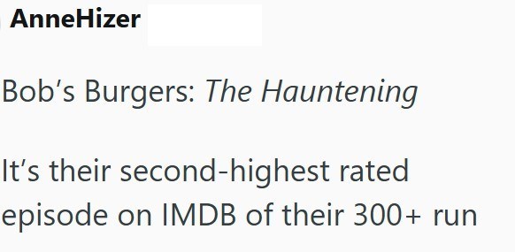 AnneHizer Bob's Burgers: The Hauntening It's their second-highest rated episode on IMDB of their 300+ run