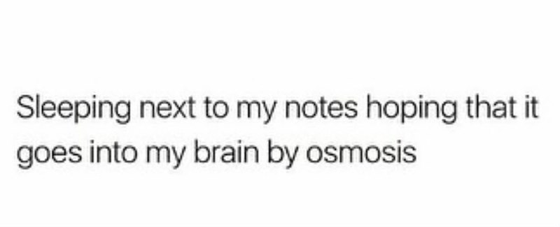 Sleeping next to my notes hoping that it goes into my brain by osmosis