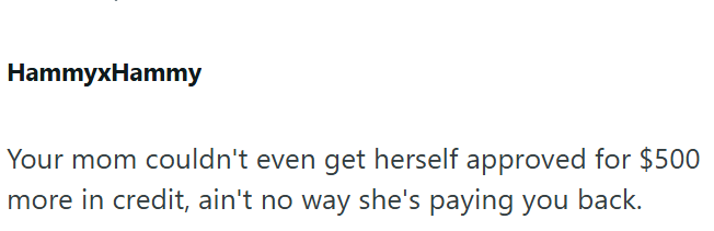 HammyxHammy Your mom couldn't even get herself approved for $500 more in credit, ain't no way she's paying you back.