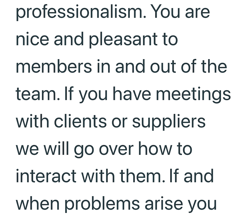 professionalism. You are nice and pleasant to members in and out of the team. If you have meetings with clients or suppliers we will go over how to interact with them. If and when problems arise you