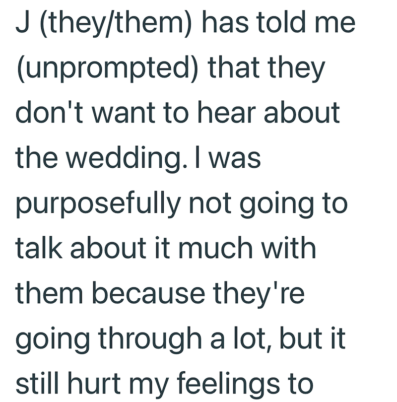 J (they/them) has told me (unprompted) that they don't want to hear about the wedding. I was purposefully not going to talk about it much with them because they're going through a lot, but it still hurt my feelings to