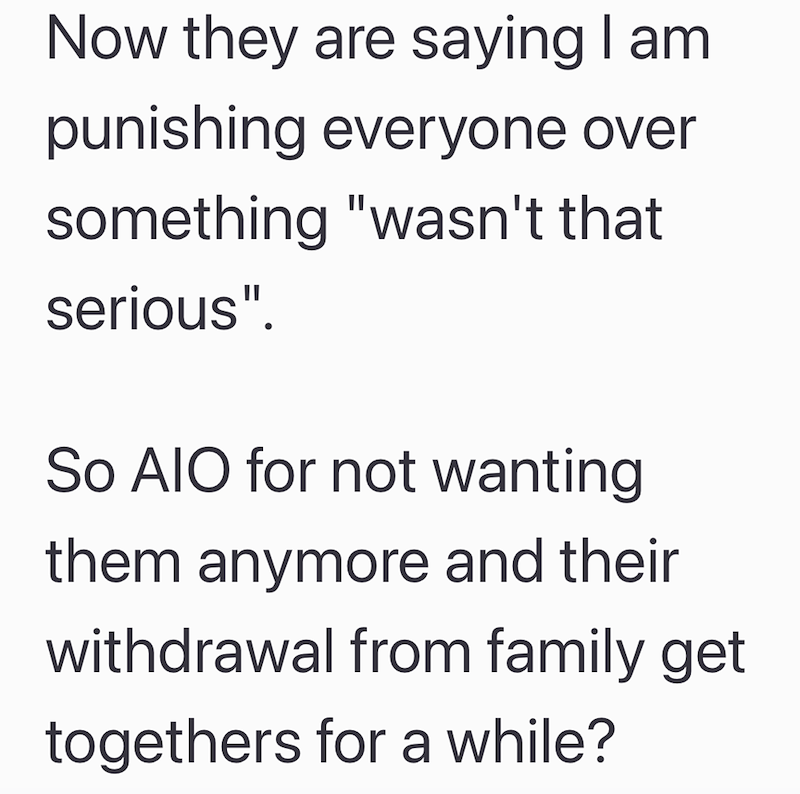 Now they are saying I am punishing everyone over something "wasn't that serious". So AIO for not wanting them anymore and their withdrawal from family get togethers for a while?