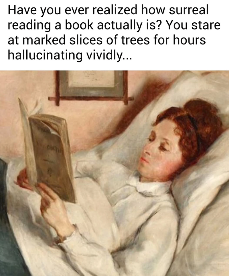 Have you ever realized how surreal reading a book actually is? You stare at marked slices of trees for hours hallucinating vividly...