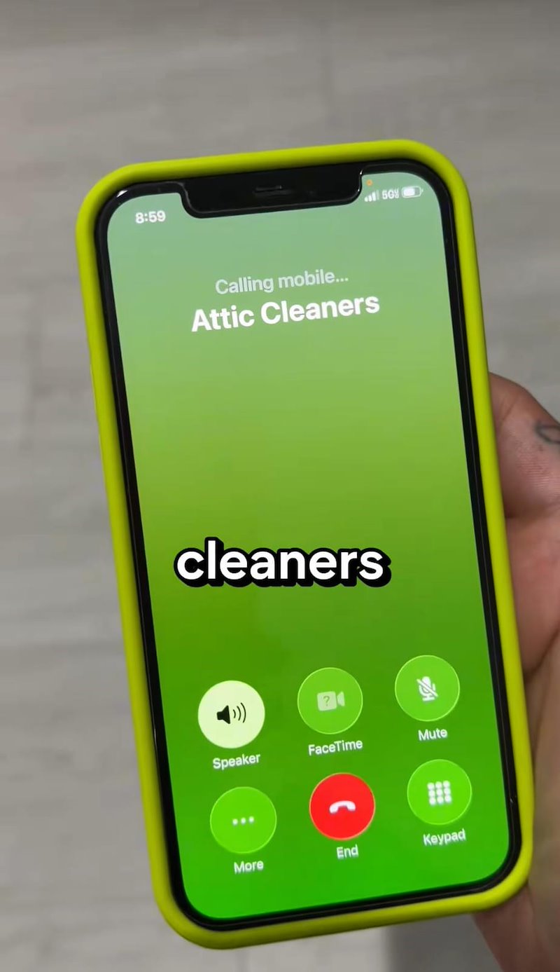 8:59 Calling mobile... Attic Cleaners cleaners ›)) 56% Speaker FaceTime Mute More End Keypad