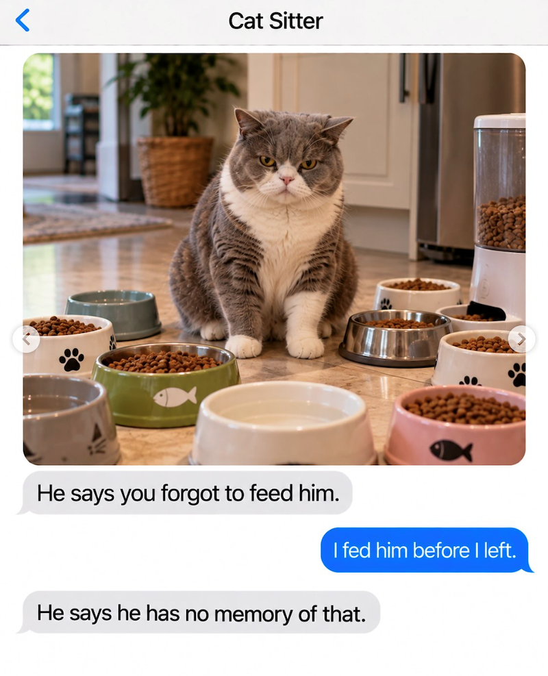 < Cat Sitter He says you forgot to feed him. I fed him before I left. He says he has no memory of that.