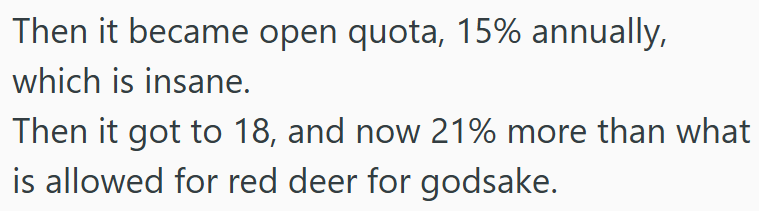 Then it became open quota, 15% annually, which is insane. Then it got to 18, and now 21% more than what is allowed for red deer for godsake.
