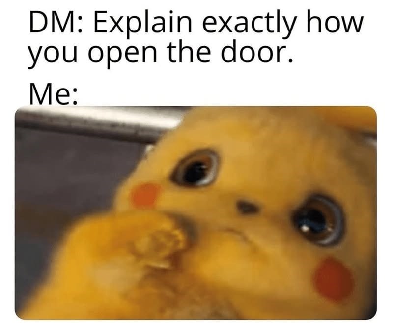 DM: Explain exactly how you open the door. Me: