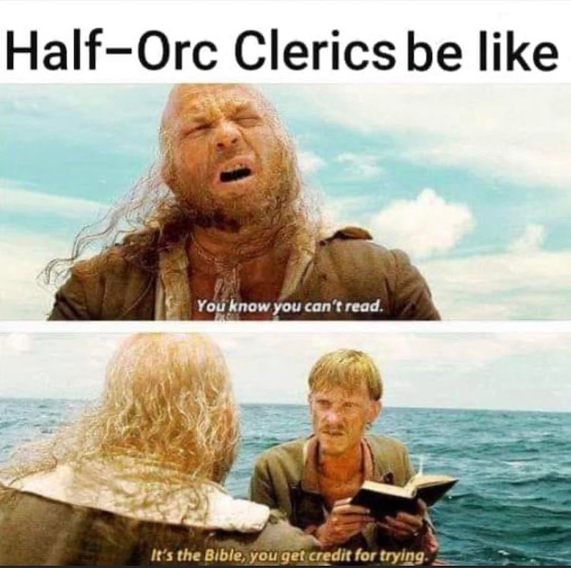 Half-Orc Clerics be like You know you can't read. It's the Bible, you get credit for trying.