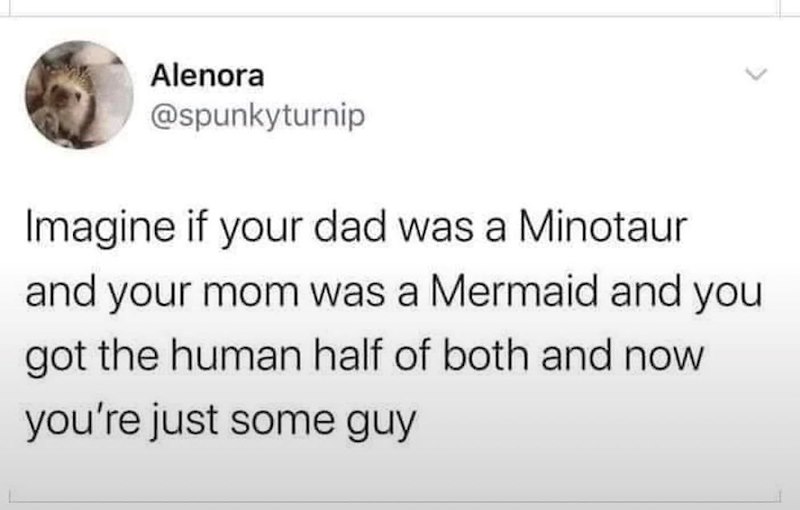 Alenora @spunkyturnip Imagine if your dad was a Minotaur and your mom was a Mermaid and you got the human half of both and now you're just some guy
