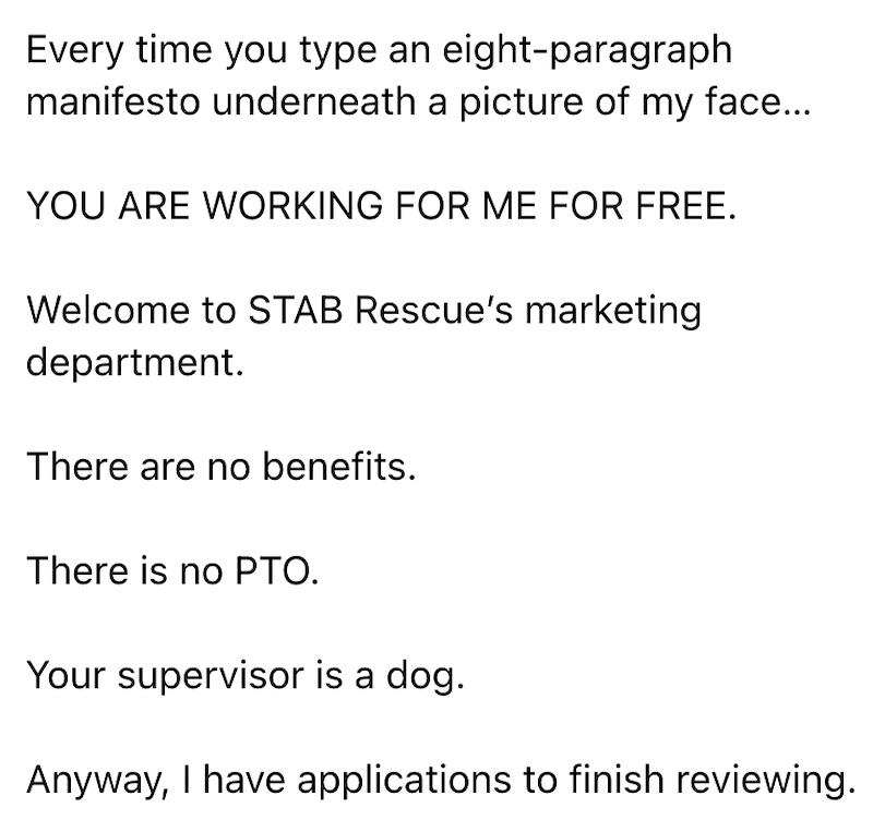 Every time you type an eight-paragraph manifesto underneath a picture of my face... YOU ARE WORKING FOR ME FOR FREE. Welcome to STAB Rescue's marketing department. There are no benefits. There is no PTO. Your supervisor is a dog. Anyway, I have applications to finish reviewing.