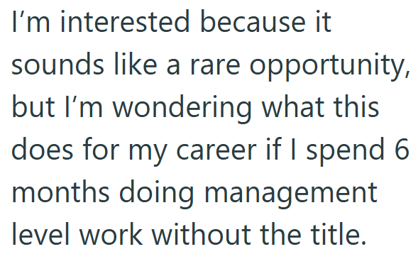 I'm interested because it sounds like a rare opportunity, but I'm wondering what this does for my career if I spend 6 months doing management level work without the title.