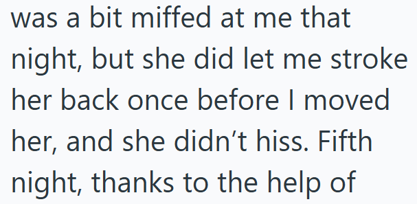 was a bit miffed at me that night, but she did let me stroke her back once before I moved her, and she didn't hiss. Fifth night, thanks to the help of