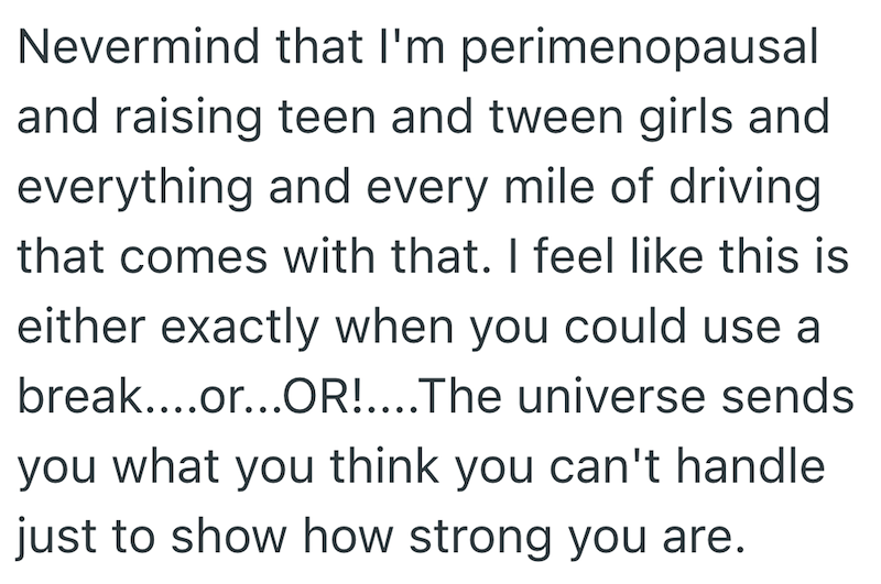 Nevermind that I'm perimenopausal and raising teen and tween girls and everything and every mile of driving. that comes with that. I feel like this is either exactly when you could use a break....or...OR!....The universe sends you what you think you can't handle just to show how strong you are.