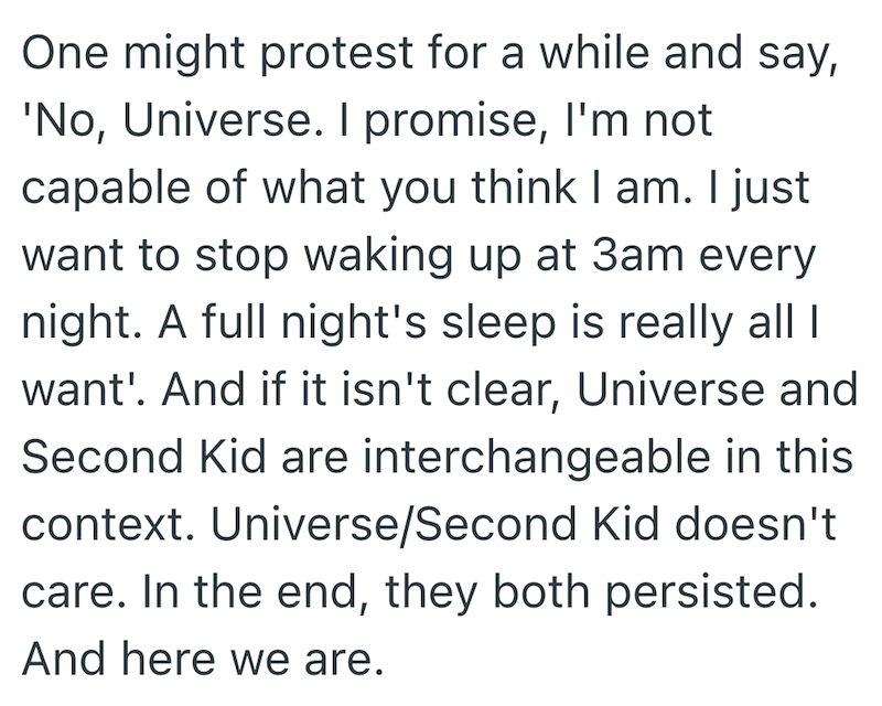 One might protest for a while and say, 'No, Universe. I promise, I'm not capable of what you think I am. I just want to stop waking up at 3am every night. A full night's sleep is really all I want'. And if it isn't clear, Universe and Second Kid are interchangeable in this context. Universe/Second Kid doesn't care. In the end, they both persisted. And here we are.