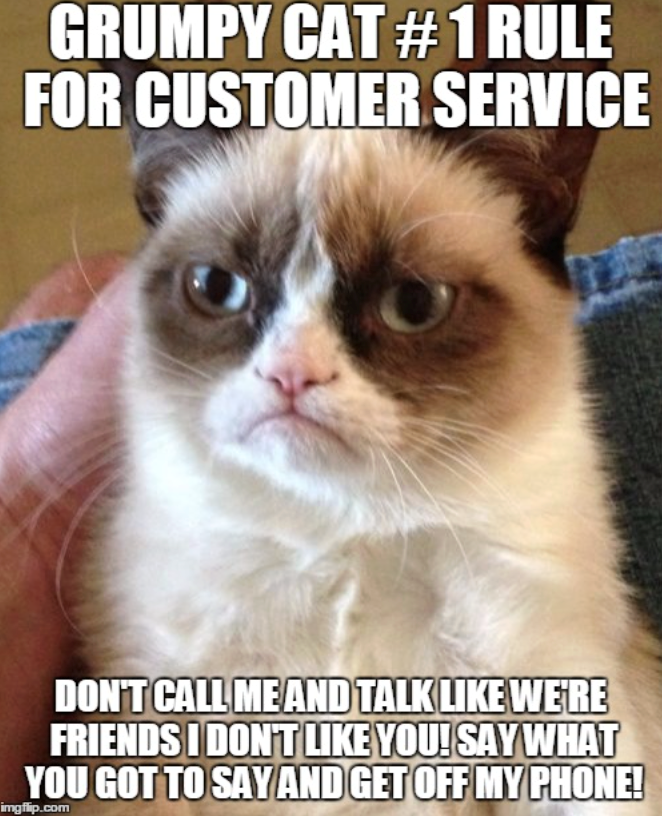 GRUMPY CAT #1 RULE FOR CUSTOMER SERVICE DON'T CALL ME AND TALK LIKE WE'RE FRIENDS I DON'T LIKE YOU! SAY WHAT YOU GOT TO SAY AND GET OFF MY PHONE! imgflip.com