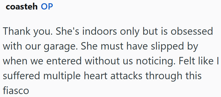 coasteh OP Thank you. She's indoors only but is obsessed with our garage. She must have slipped by when we entered without us noticing. Felt like I suffered multiple heart attacks through this fiasco