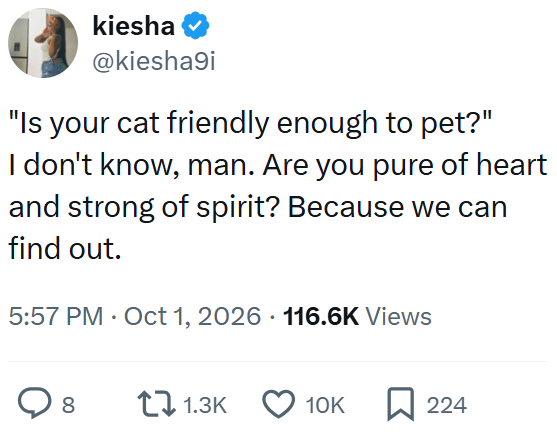 kiesha @kiesha9i "Is your cat friendly enough to pet?" I don't know, man. Are you pure of heart and strong of spirit? Because we can find out. 5:57 PM ⚫ Oct 1, 2026 116.6K Views ○ 8 1.3K 10K ☐ 224