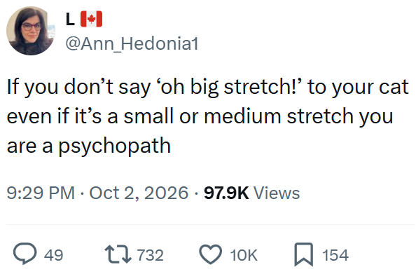LM @Ann_Hedonia1 If you don't say ‘oh big stretch!' to your cat even if it's a small or medium stretch you are a psychopath 9:29 PM • Oct 2, 2026 97.9K Views > 49 17732 10K ☐ 154
